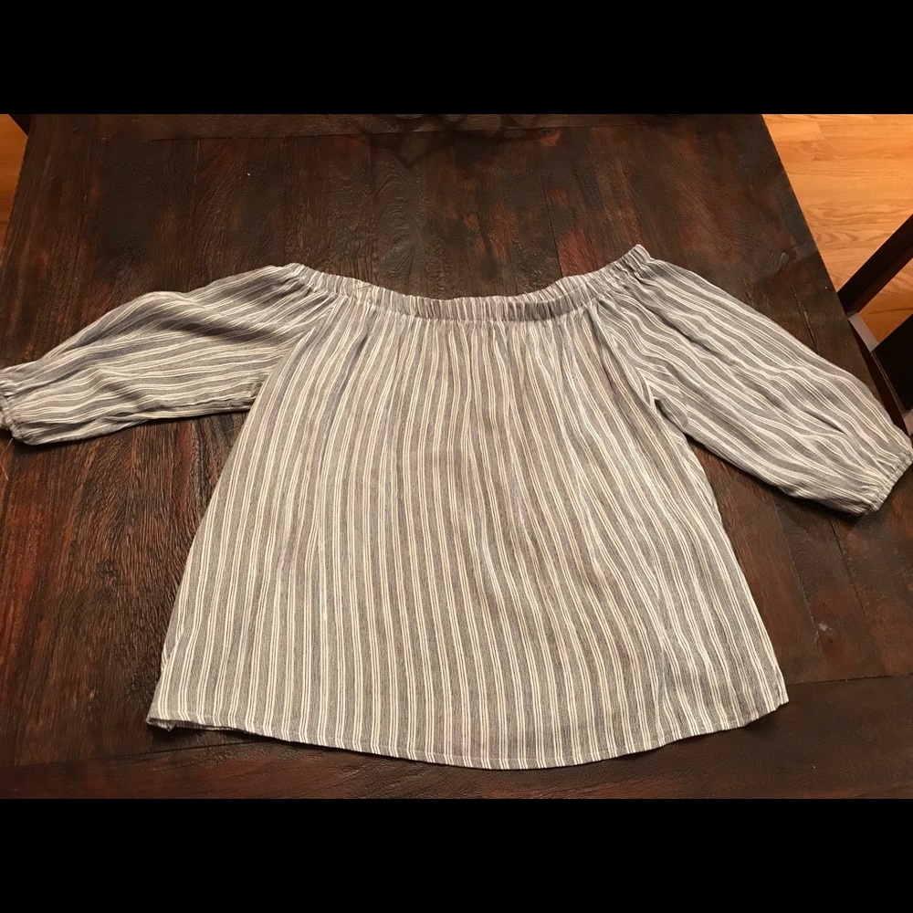 Off shoulder, blue stripped top.